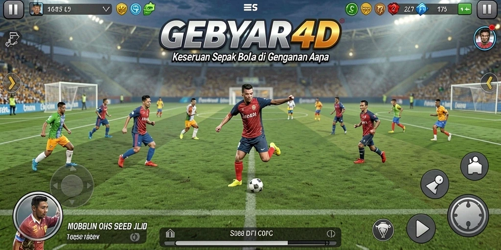 Tangkapan layar utama GEBYAR4D menampilkan aksi seru di lapangan sepak bola.