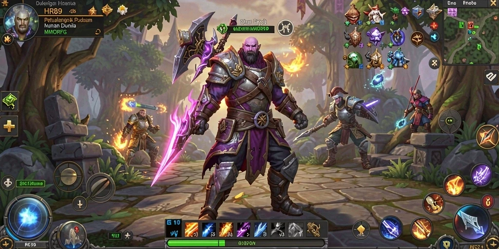 Tampilan gameplay HR89 dengan aksi epik dalam pertempuran MMORPG.