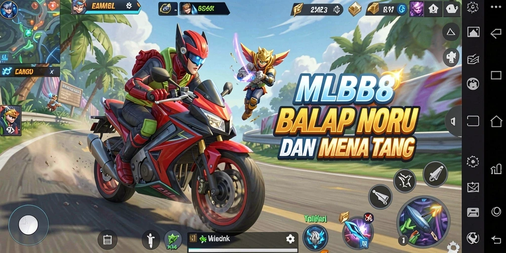 Gameplay MLBB8 dengan balapan motor yang seru di lintasan.