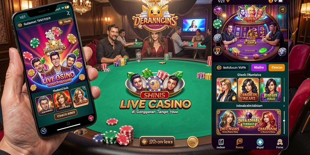 Screenshot V21 menampilkan dealer langsung dalam permainan kasino yang interaktif.